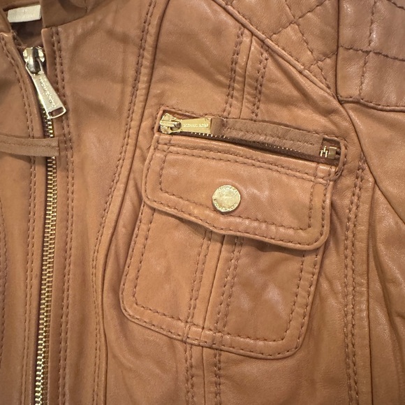 Michael Kors Women's Brown Leather Hooded Moto Jacket Size M - Picture 6 of 16
